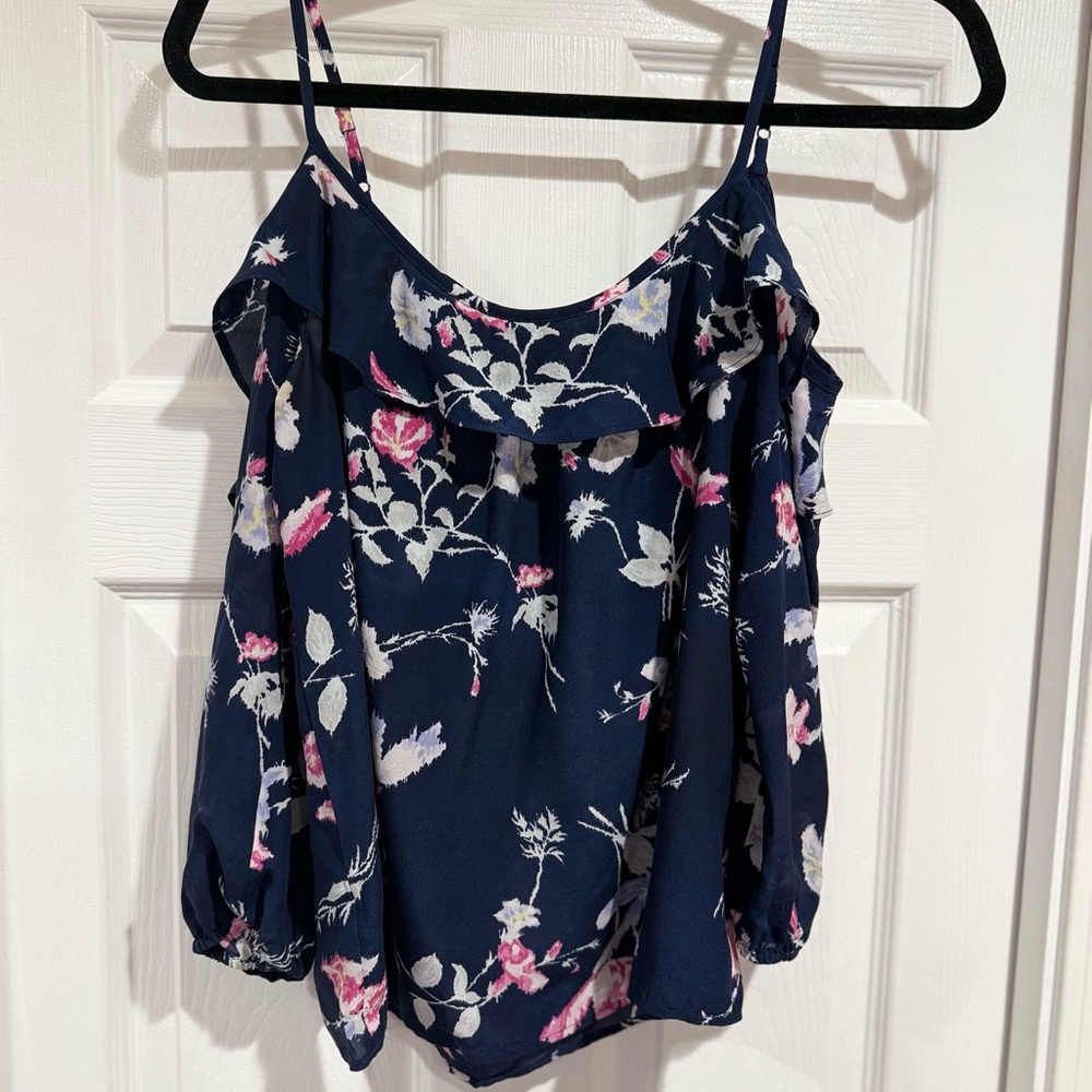 Joie 3/4 Sleeve Cold Shoulder Floral Navy Blue Women's Silk Blouse